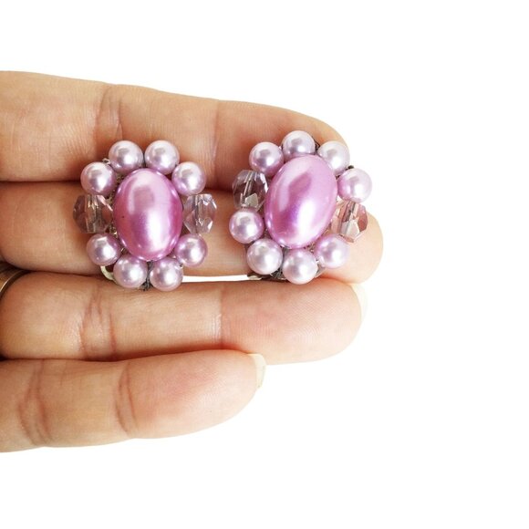 Purple Clip On Clusters Earrings Vintage Beaded Silver Tone Setting Lightweight - Picture 1 of 5